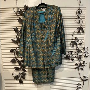 K&B Louise Two Piece Turquoise And Gold Metallic Skirt Suit Polyester Lined